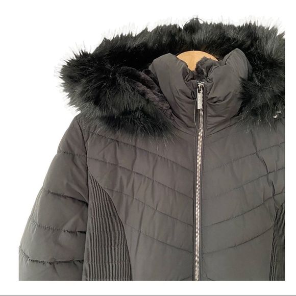 DKNY Long Puffer Jacket Women's quilted stretch panel sides black size large nwt - Picture 5 of 14